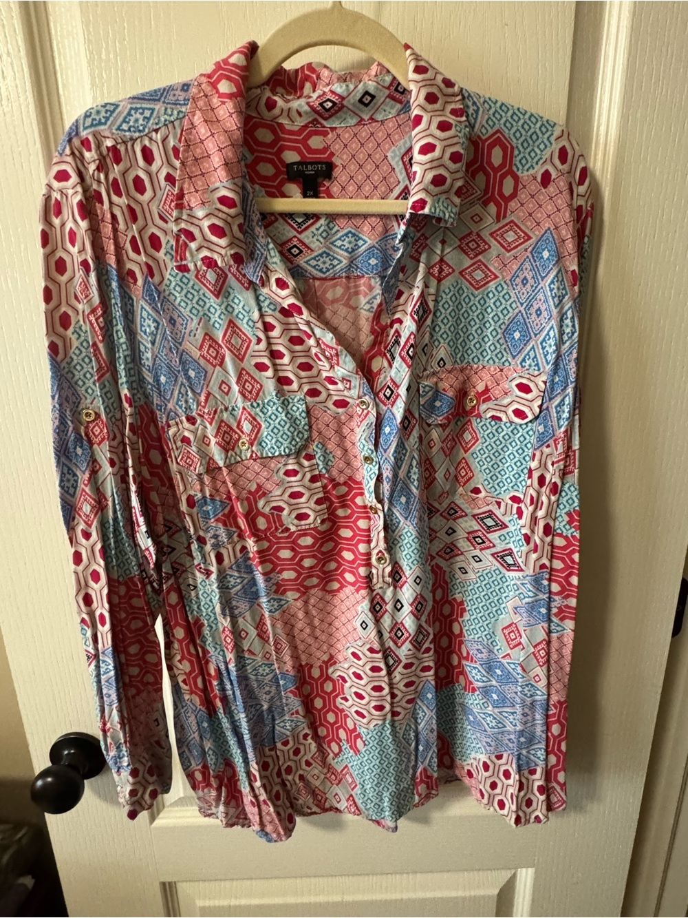 Talbots Woman Geometric Patchwork Printed Button Down Top 2X